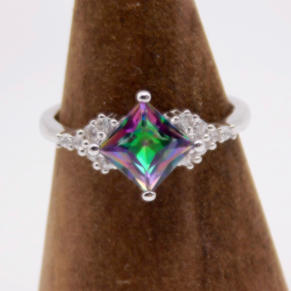Mystic Topaz Square-Cut Halo Ring - Multi-Color Center Stone